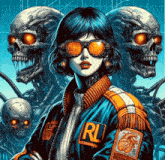a woman wearing sunglasses and a jacket with rl on it