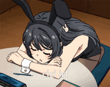 a girl with bunny ears is sleeping at a table with the words cici url written below her