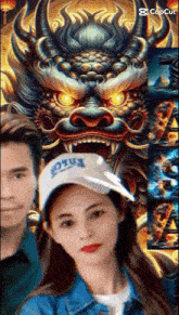 a woman wearing a hat that says lotus stands next to a man