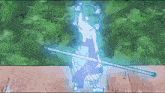 a drawing of a person holding a sword with a green background behind them