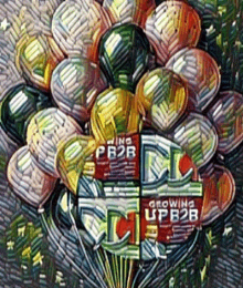 a bunch of balloons with growing upb2b on them
