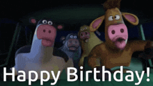 a group of cartoon cows are in a car with the words happy birthday