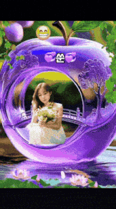 a girl in a white dress is sitting in a purple apple holding flowers