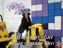 a woman wearing a purple hat is riding a rocking horse and saying `` and my birthday today is derby day ! ''