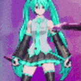 a pixel art of hatsune miku standing in front of a purple background holding a sword .