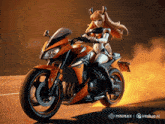 a girl with horns is riding a motorcycle sponsored by hailuo