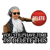 a man is holding a red button that says " delete "
