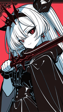 a black and white drawing of a girl with red eyes holding a red sword