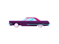 a purple car with white wheels is flying in the air