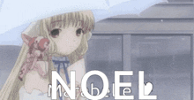 a girl holding an umbrella with the word noel written on it