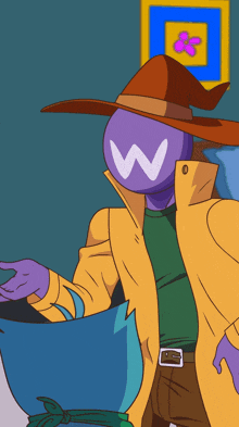 a cartoon character with a purple head and the letter w on his face