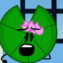 a green lily pad with a pink flower on it 's head .