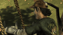 a man in a green shirt with the letter m on the sleeve