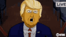 a cartoon of donald trump is giving a speech in front of a live sign .