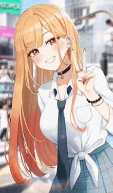 a girl with long blonde hair is wearing a white shirt and tie