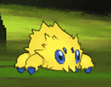 a yellow cartoon character with blue eyes is sitting on a grassy field