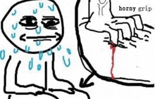 a black and white drawing of a person with sweat coming out of their eyes and a hand with blood coming out of it .