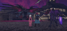 a group of people are standing in front of a large purple monster .