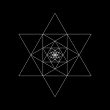 a white circle is surrounded by triangles on a black background .