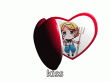 two heart shaped mirrors with a girl and a boy and the word kiss below them