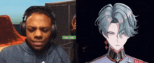 a man wearing headphones next to a picture of a man with blue hair and the number 190 on it