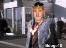 a man wearing a fur coat and a crown is standing in front of a building with the hashtag lildoge18