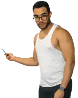 a man wearing glasses and a white tank top holds a pen