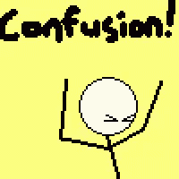 a pixel art drawing of a stick figure with the word confusion written on it