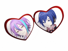 two anime characters in heart shaped frames with purple hair