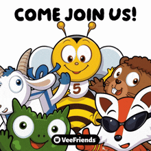 a group of cartoon animals with the words come join us on the bottom