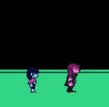 a pixel art of two people standing next to each other in front of a giant monster .