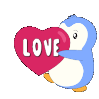a penguin holding a heart that says love