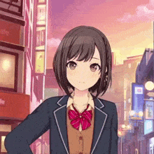a girl in a school uniform stands in front of a cafe