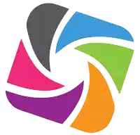 a colorful logo that looks like a camera lens with a white background
