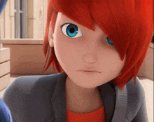 a cartoon character has red hair and blue eyes