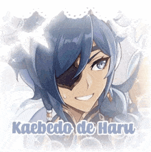 a close up of a person with blue hair and the words kaebedo de haru on the bottom .