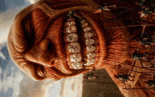 a giant monster with diamonds in its teeth is being attacked by soldiers