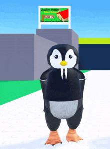 a penguin is standing in front of a quality home sold sign