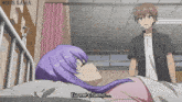 a girl with purple hair is laying in a hospital bed while a man stands nearby