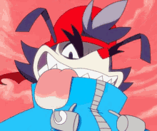 a cartoon character is sticking his tongue out while wearing a red hat and a blue jacket .