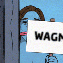 a cartoon woman is holding a sign that says wagm