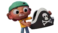 a cartoon character is holding a pirate hat with a skull on it