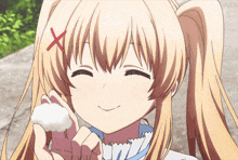 a blonde anime girl with a red x on her head