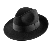 a black fedora hat with a black ribbon