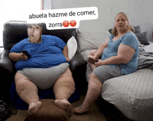 a woman sits on a bed next to a man in a chair with a caption that says abuela hazme de comer