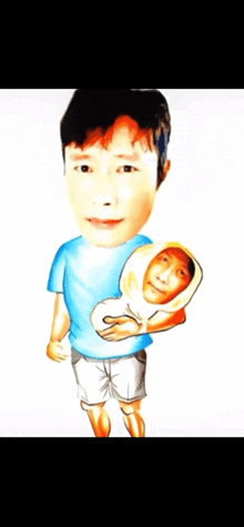 a caricature of a man holding a baby with his face on it