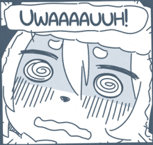 a drawing of a person with a swirl in their eye and the words uwaaaauh on top