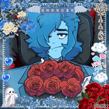 a cartoon of a man with blue hair laying in a chair surrounded by red roses with the word angelic above him