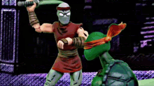a cartoon of a man holding a sword and fighting a turtle