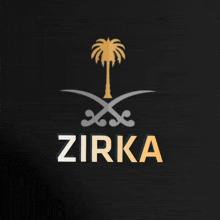 a logo for zirka with a palm tree and crossed swords on a black background